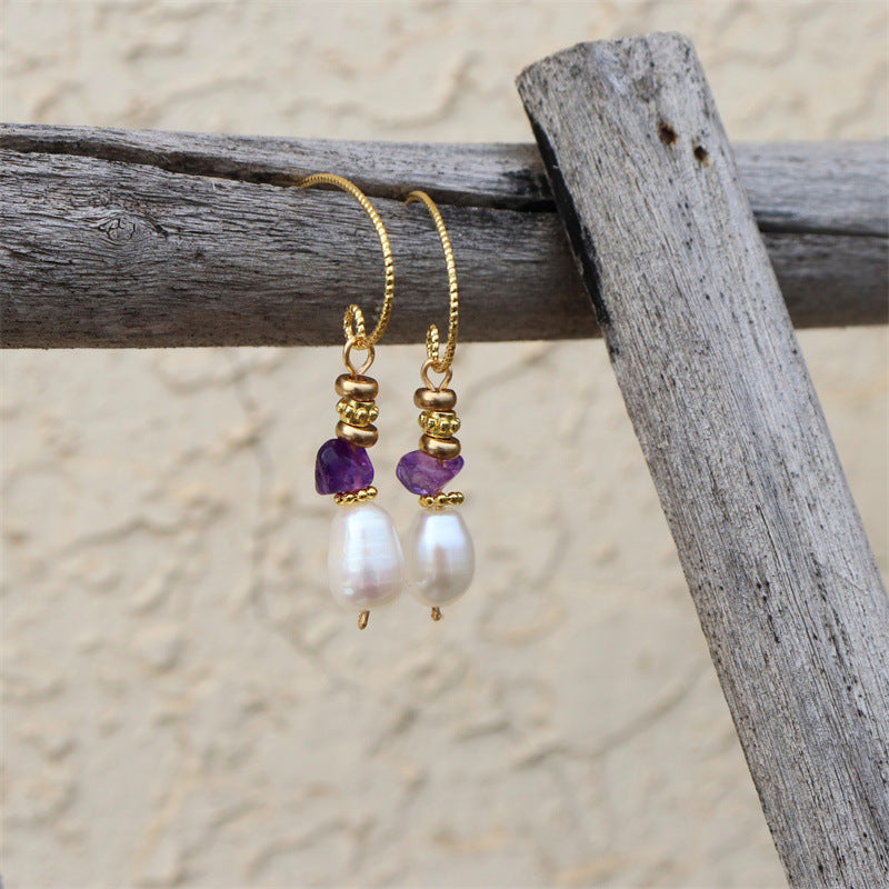 Vitage Natural Pearl And Amethyst Earrings