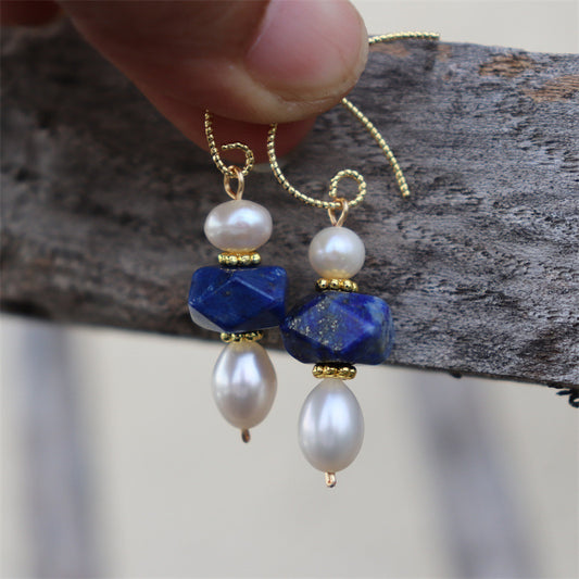 Natural Pearl  And Lapis Lazuli Earrings