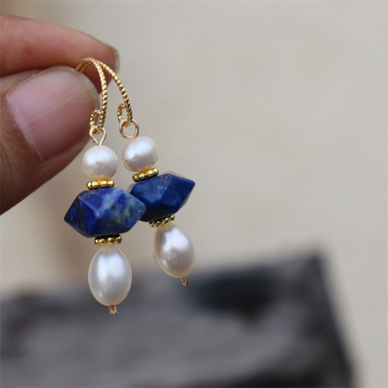 Natural Pearl  And Lapis Lazuli Earrings