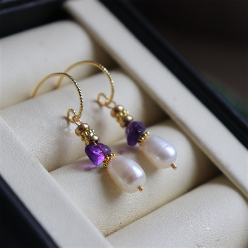 Vitage Natural Pearl And Amethyst Earrings