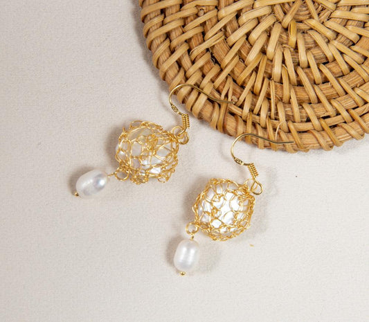 Natural Pearl Earrings with Hand-Woven Coil